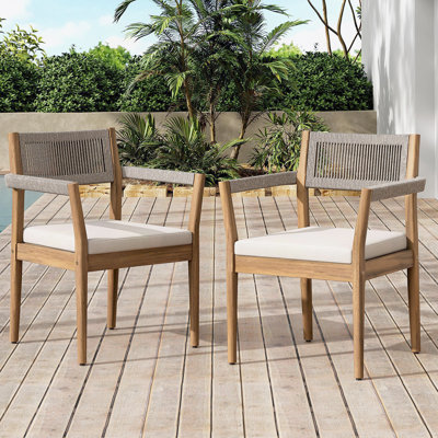Acacia Wood Outdoor Dining Chairs Set Of 6 – Teak Look With Beige Rope & Cream Cushions, Armrests – All-Weather Patio Furniture For Garden, Poolside, And Backyard (Durable & Stylish)