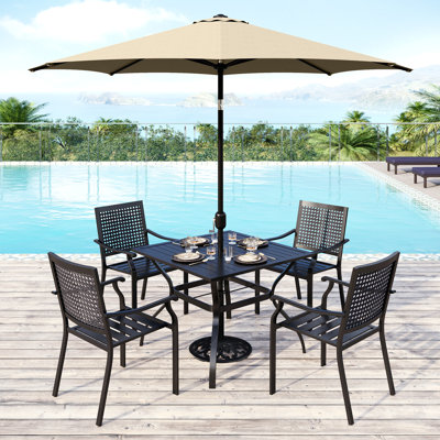 Alyah 5-piece Steel Patio Outdoor Dining Set With Umbrella,metal Stackable Chairs, Square Table -  Lark Manorâ¢, 323B66C87FC244B4842BCE27F21312C1