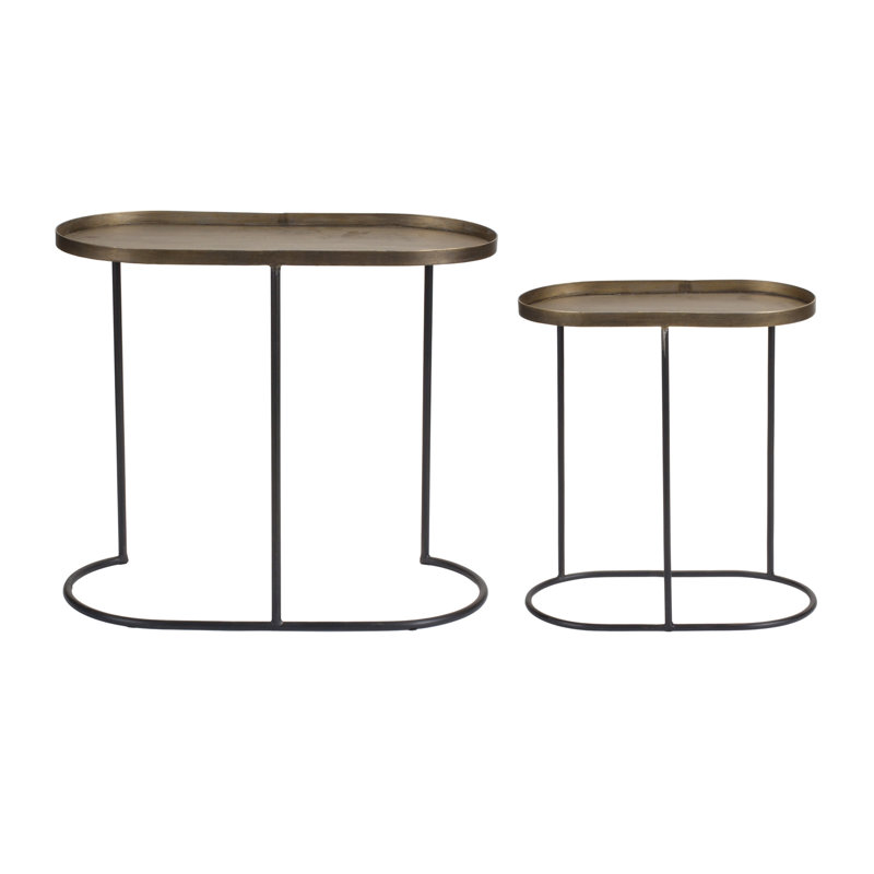 Set Of Two 12" Black And Bronze Iron Oval Nested Tables