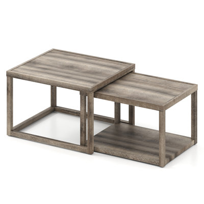 Nesting Coffee Table Set of 2 Stackable Rectangular End Tables w/ Storage Shelf