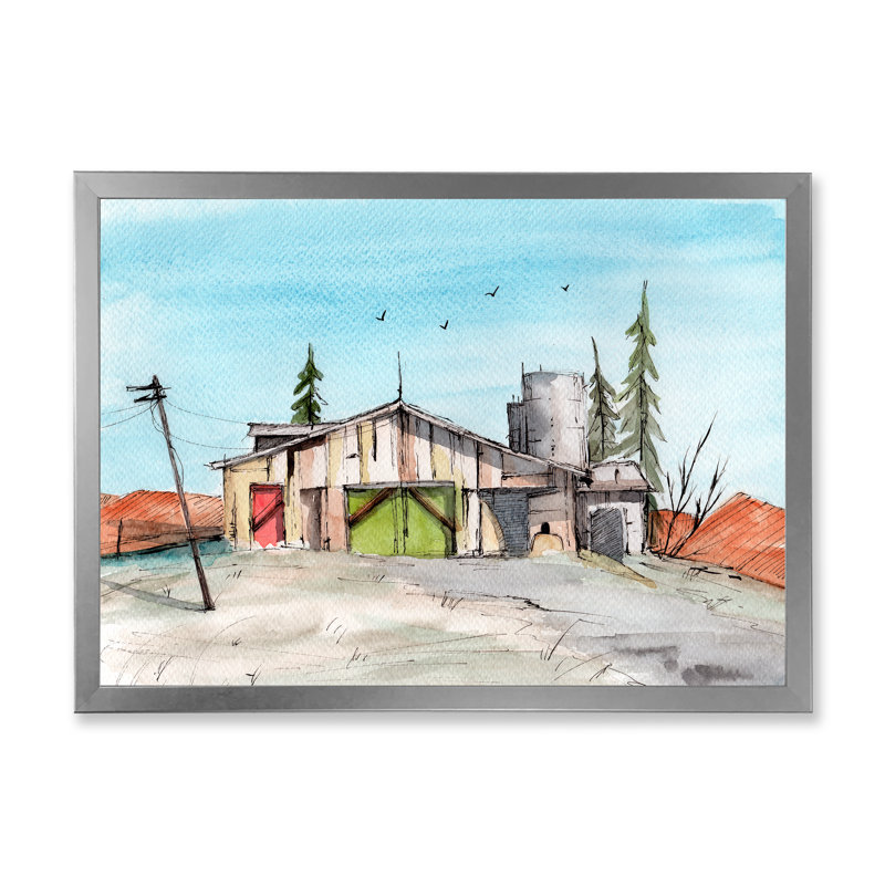 Impression sur toile en bois avec grange en bois avec porte verte, H 30 po x l 40 po, Cadre photo argenté
