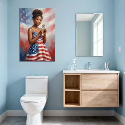 Fashion American Flag Dress Woman Holding Flower