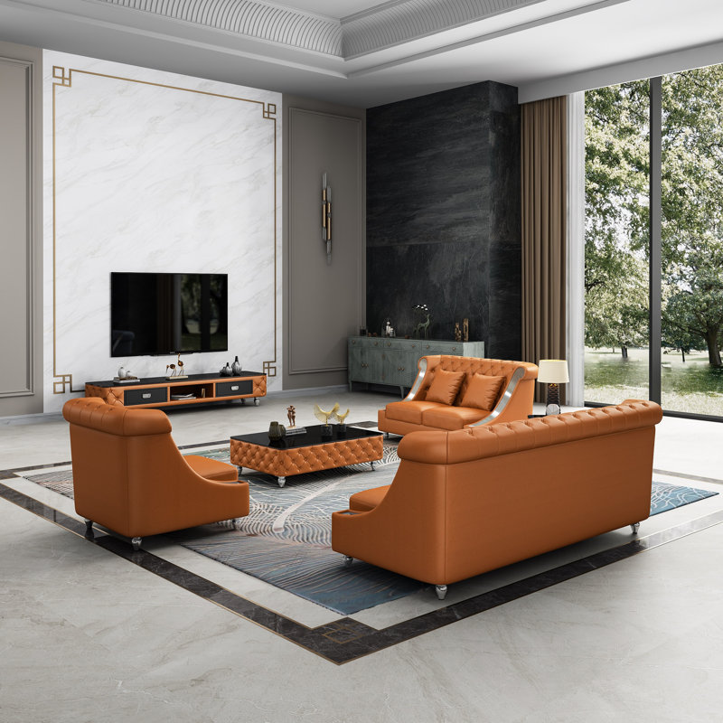 Mayfair 3 Piece Leather Living Room Set, Cognac