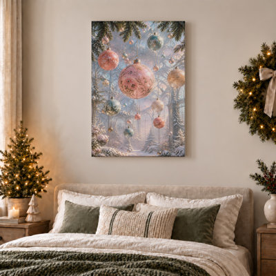 " Hanging Pink Floral Ornaments in Snowy Greenhouse Christmas " Painting