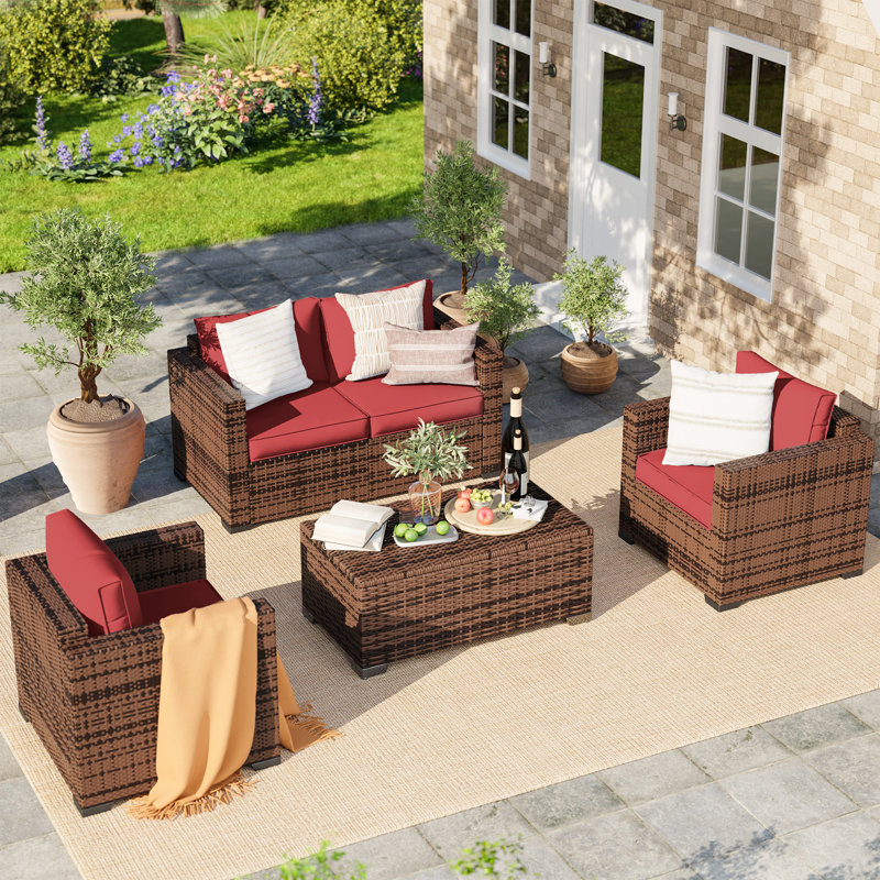 Ensemble de conversation d'extérieur en osier pour 4 personnes avec rangement Azoriah, Rouge vin