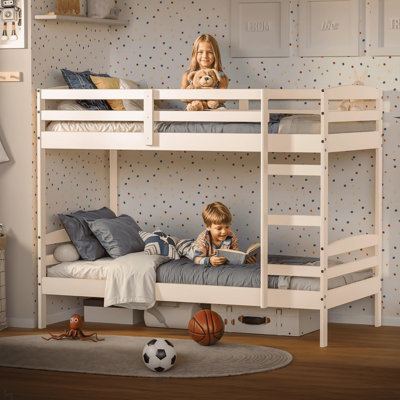 Lit superposé simple au-dessus de simple, structure en bois de pin amovible avec garde-corps élevés et échelle intégrée, lit superposé à lattes en bois pour les adolescents et les adultes