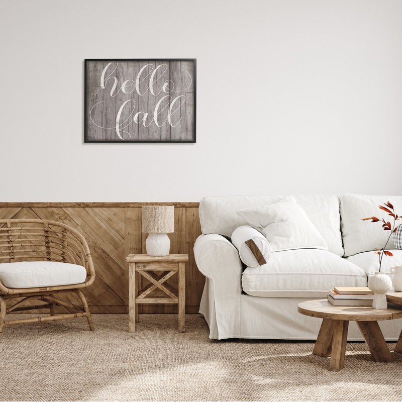 " Hello Fall Phrase Rustic Grain Pattern Minimal Typography " by Daphne Polselli, 24" H x 30" W, Black Framed