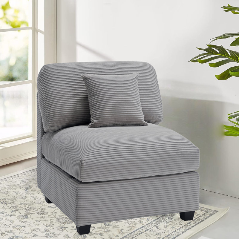 Zayva Corduroy Fabric Middle Module Seat For Modular Sofa Sectional Couch Accent Armless Chair, Light Gray Corduroy 