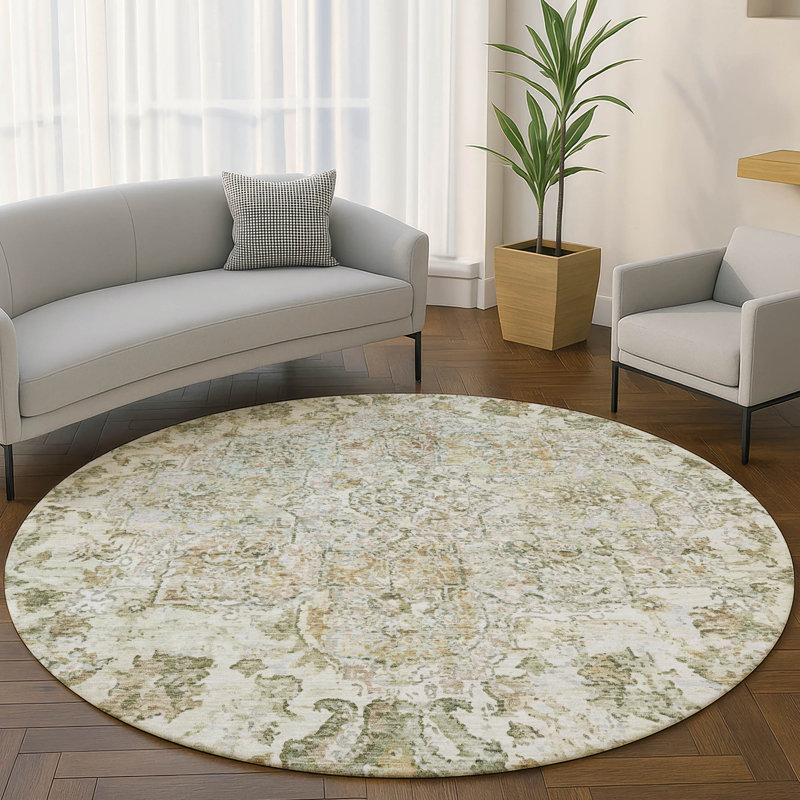 Premium Machine Washable Mayfield AMF2138 global Rug, Ivory, 8' Round