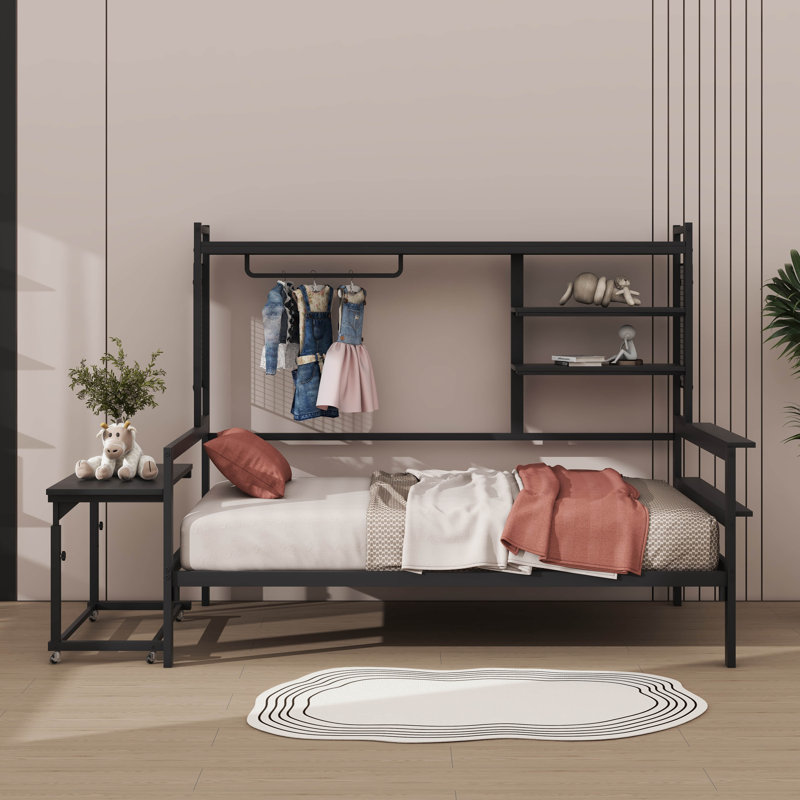 Lit de jour polyvalent en métal avec bureau réglable, grille robuste, tablettes pratiques et support pratique, Lit simple