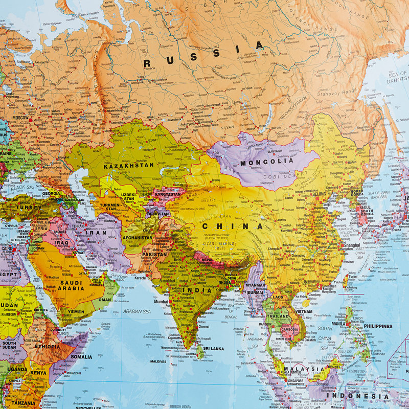 Large World Wall Map Political - Single Picture Frame Print on Canvas, 127.9cm H x 203.2cm W x 0.5cm D, Brown Framed