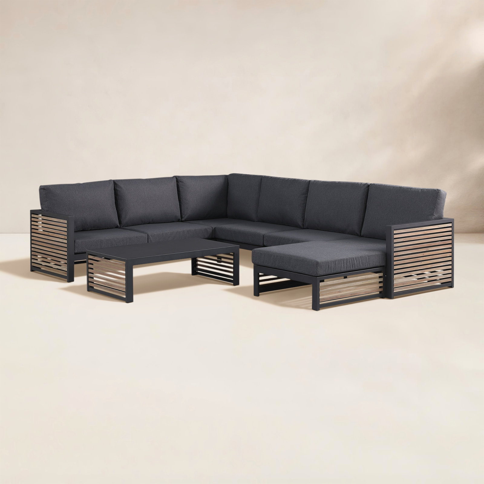 Pawni Teak 5 - Person Outdoor Sectional Seating Group with Custom Covers, Left Hand Facing