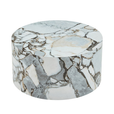 A simple white marble textured cylindrical coffee table, 23.6 inches in diameter x 11.8 inches in height, MDF material living room furniture. Suitable