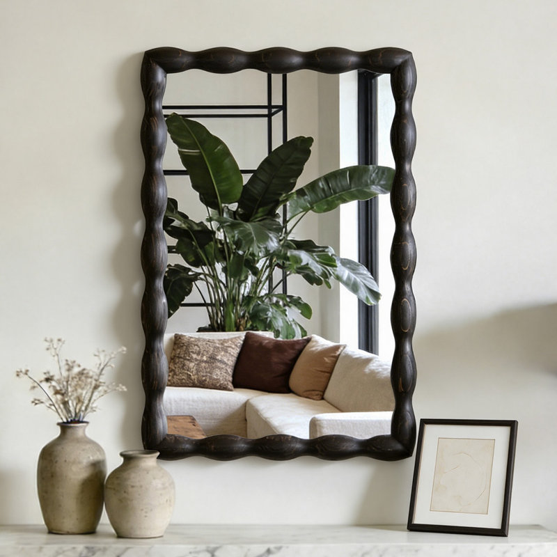 Marka 24''x36'' Natural Solid Pine Wood Frame Rectangle Flat Wall Mirror Wavy Design For Entry way&Bathroom, Black