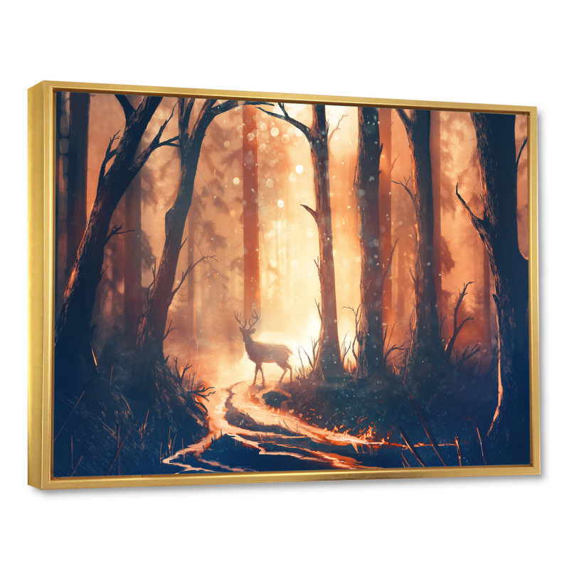 Cerf dans une forêt chaude surréelle - reproduction d'art sur toile traditionnelle, H 30 po x l 40 po x P 1,5 po