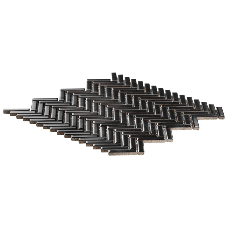 Monogram Herringbone 11.14 in. x 11.14 in. Glossy Porcelain Mosaic Floor And Wall Tile (0.86 Sq. Ft. / Each), Black Matte