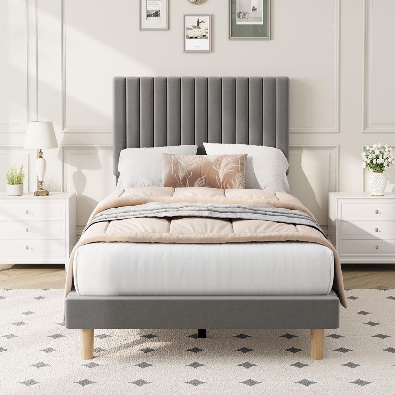 Twin Size Velvet Upholstered Platform Bed Frame with Adjustable Headboard, No Box Spring Required, Easy Assembly, Grey, Gray
