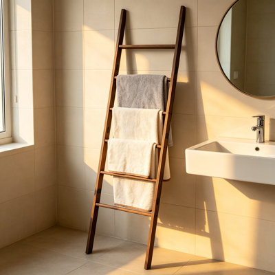 Acacia Wood 6-Tier Blanket Ladder, 5.7FT Freestanding Quilt Towel Holder Rack, Rustic Farmhouse Decorative Ladder Shelf for Living Room, Bedroom, Bathroom Home Decor