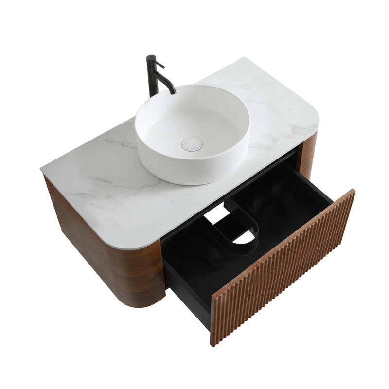 Meuble-lavabo mural de 91 cm (36 po) avec lavabo rond blanc rayé et tiroir de rangement, Noyer, 36, Blanc