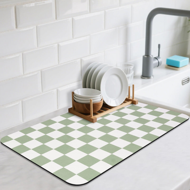 Tapis de séchage à carreaux pour comptoir de cuisine, tapis de café absorbant antidérapant, tapis résistant à la chaleur pour comptoir, décor de bar à café 16 po x 24 po vert
