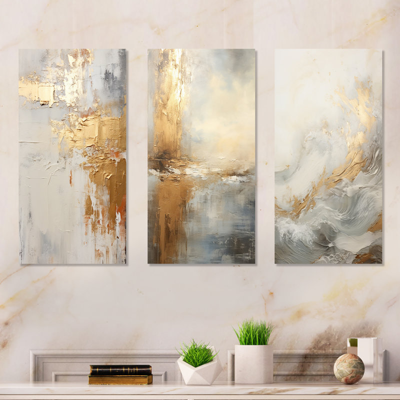 Beige côtier moderne et rivière Gold, Toile tendue, H 32 po x l 48 po