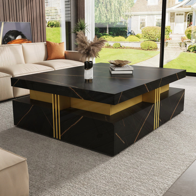 Table basse carrée avec rangement à 4 tiroirs, Noir