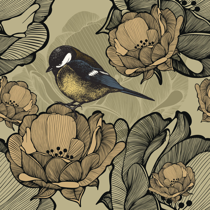 Motif floral avec mésange par Vahlakova - impression sur toile tendue, H 20 po x l 20 po