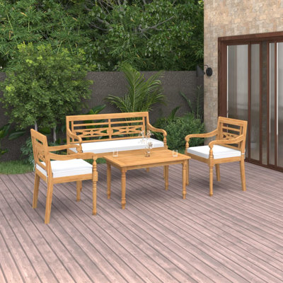 3 - Person Teak Wood Patio Dining Set with Rectangular Table , Cushions Included