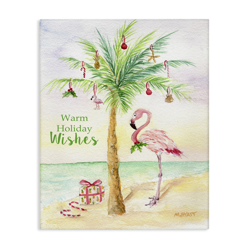 Tropical Flamingo Christmas Nautical Palm Tree - Floater Frame Painting Print, 30" H x 24" W x 1.5" D
