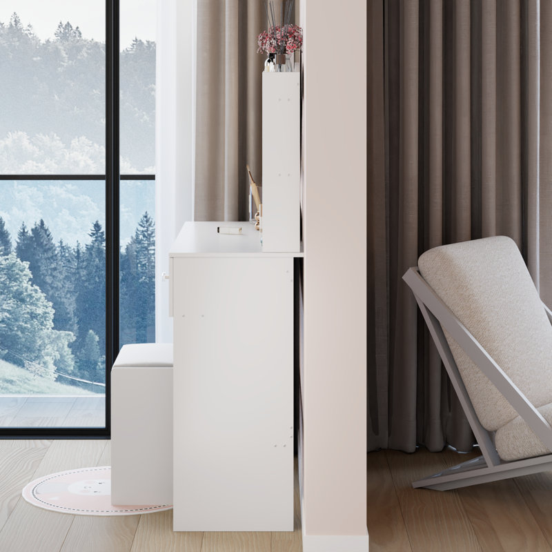 Vanity Table : 17" Round Led Mirror, 3 - Colour Adjustable Lighting, Soft Stool, Large Multi Layer Storage, American Design, White Construction , Brightness, Comfortable Storage For Tiny Spaces, Style,