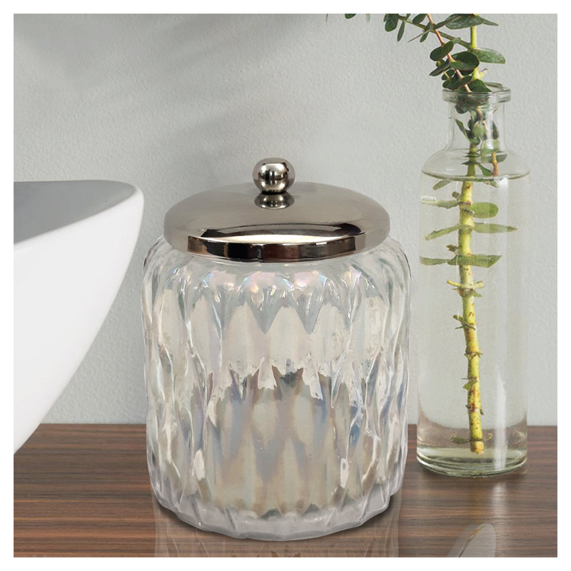 Pot de rangement en verre gravé à l'eau-forte avec fini lustré arc-en-ciel et couvercle en métal, l 3,75 po x H 5,25 po