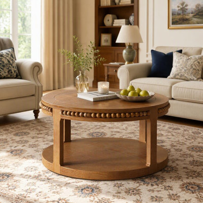 Round Solid Wood Coffee Table Two-Tier Thickened Top Sturdy Legs Circle Sofa Table For Living Room Walnut