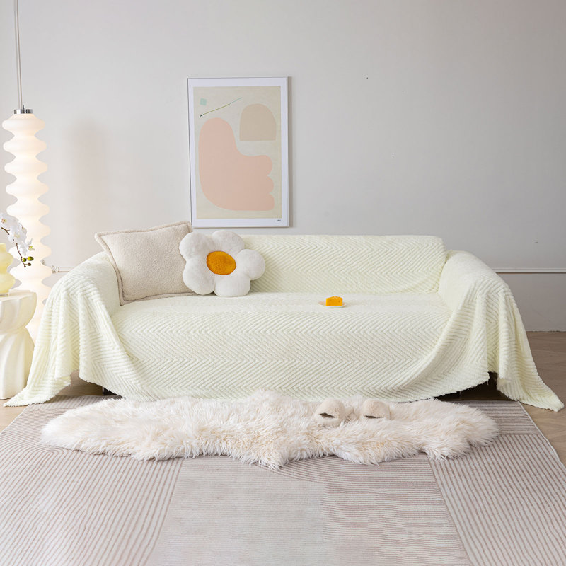 Housse pour canapé en molleton de coton de couleur unie minimaliste, Coton beige, H 71 po x l 150 po x P 0,2 po