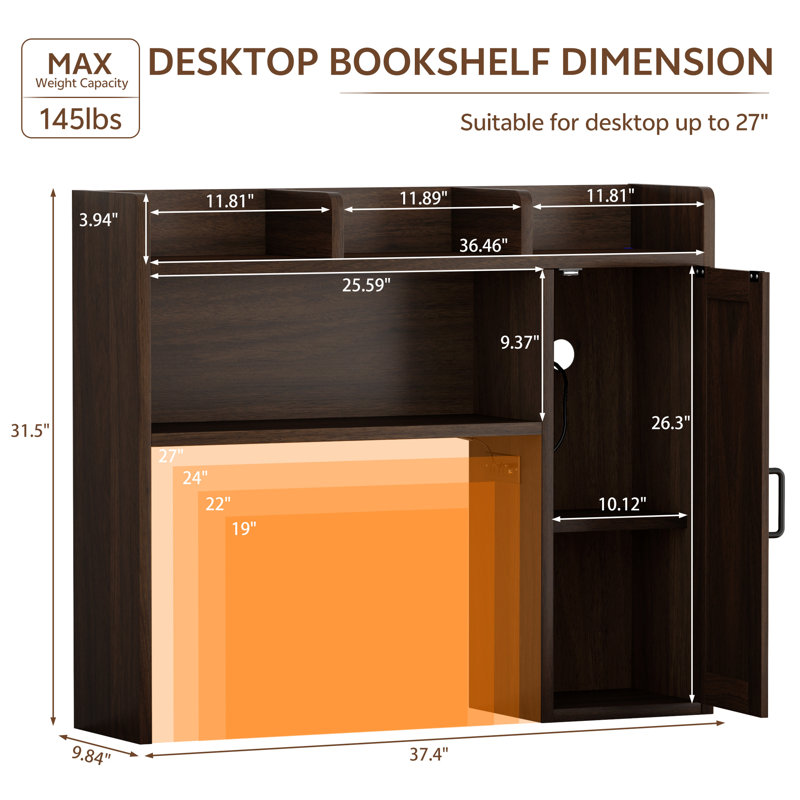 Étagère de bureau en bois avec rangement intégré, poste de recharge et rétroéclairage DEL, Brun