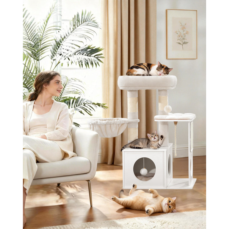 Cat Tree 85 cm, Wooden Cat Tree for Indoor Cats | 3 Scratching Posts, Removable Washable Mat, Cave, 2 Platforms, Sisal Rope, Basket, Pompoms
