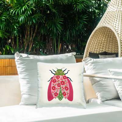 Coussin extérieur rose et vert Blooming Beetle