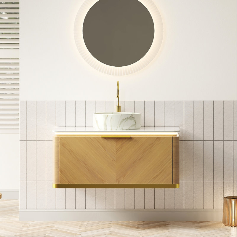 Meuble-lavabo flottant 36 po avec tiroir, lavabo en céramique blanche à motif de pierre et comptoir fritté, pré-assemblé, chêne, éclairage à DEL à détection automatique, contreplaqué haute performance multi-couches assemblé