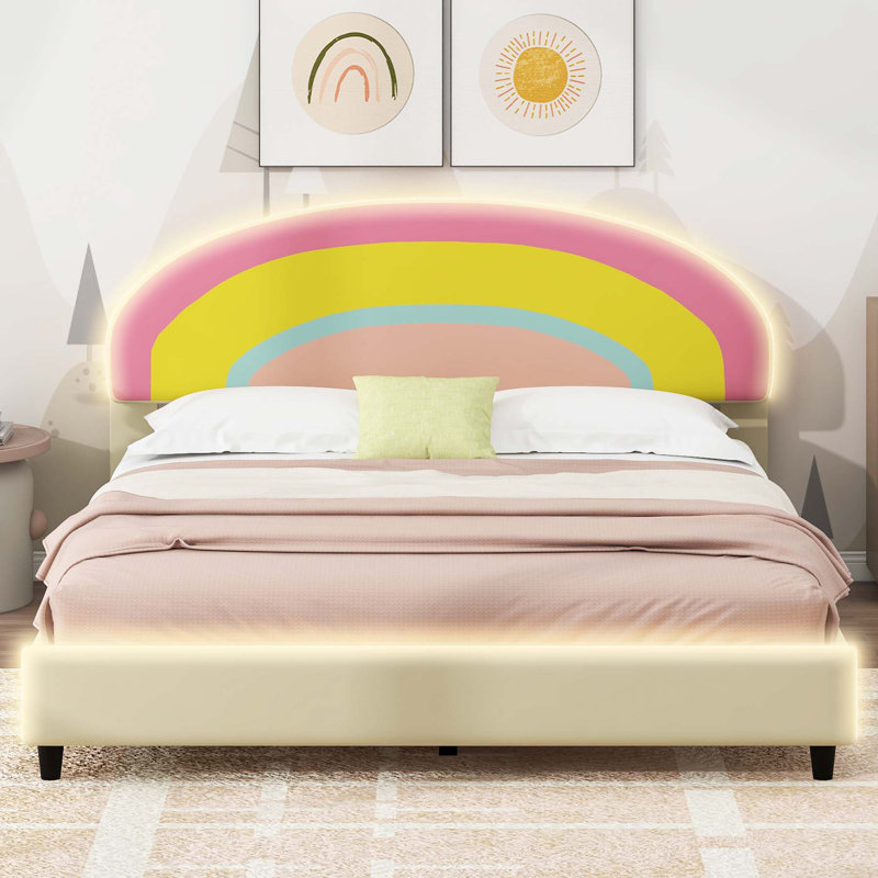 Lit plateforme tapissier charmant avec tête de lit ajustable et arc-en-ciel, Double