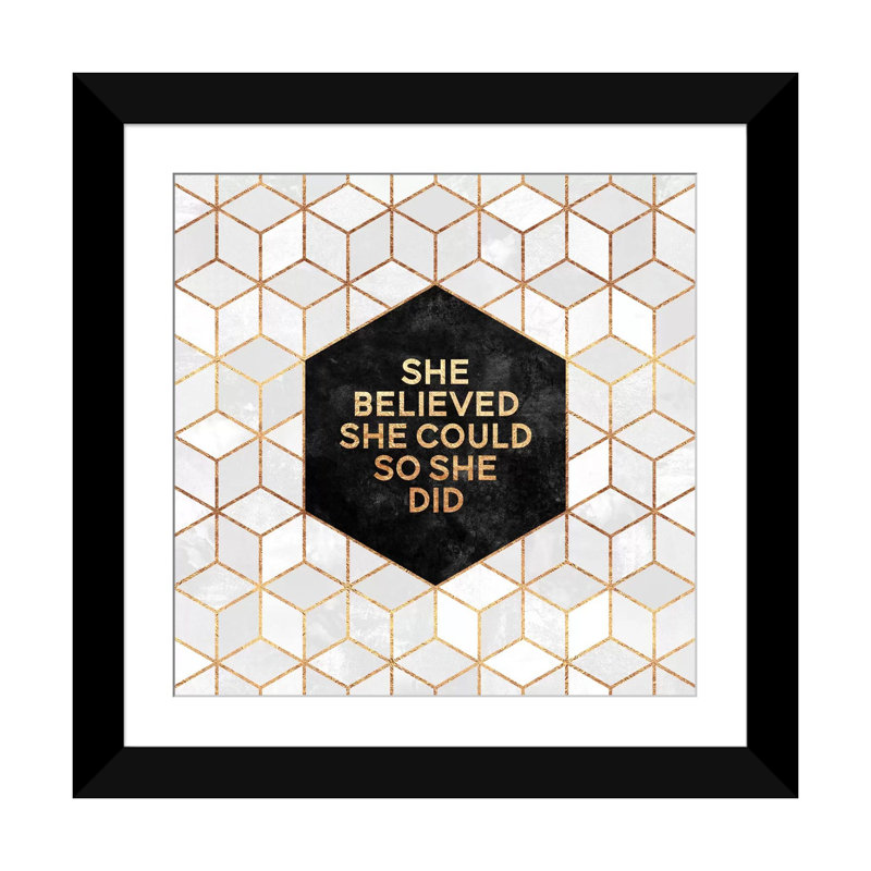 «She Believed She pourrait So She Did Did», impression sur toile, H 16 po x l 16 po x P 1 po, Papier avec cadre noir, Blanc