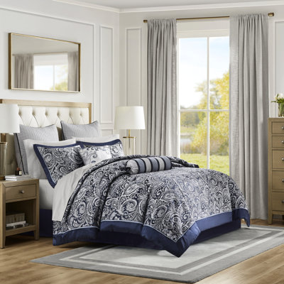 Ensemble de couette 12 pièces King bleu marine, draps doux 100 % coton, couette élégante à motif cachemire, 2 taies d'oreiller carrées, coussins décoratifs, cache-sommier inclus. Magnifique motif.