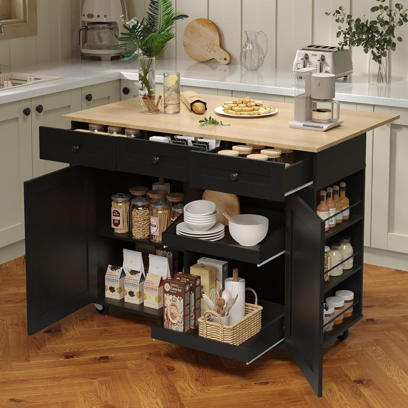 Kitchen Island with Power Outlet & LED Lights - Bakers Rack with Storage, Black