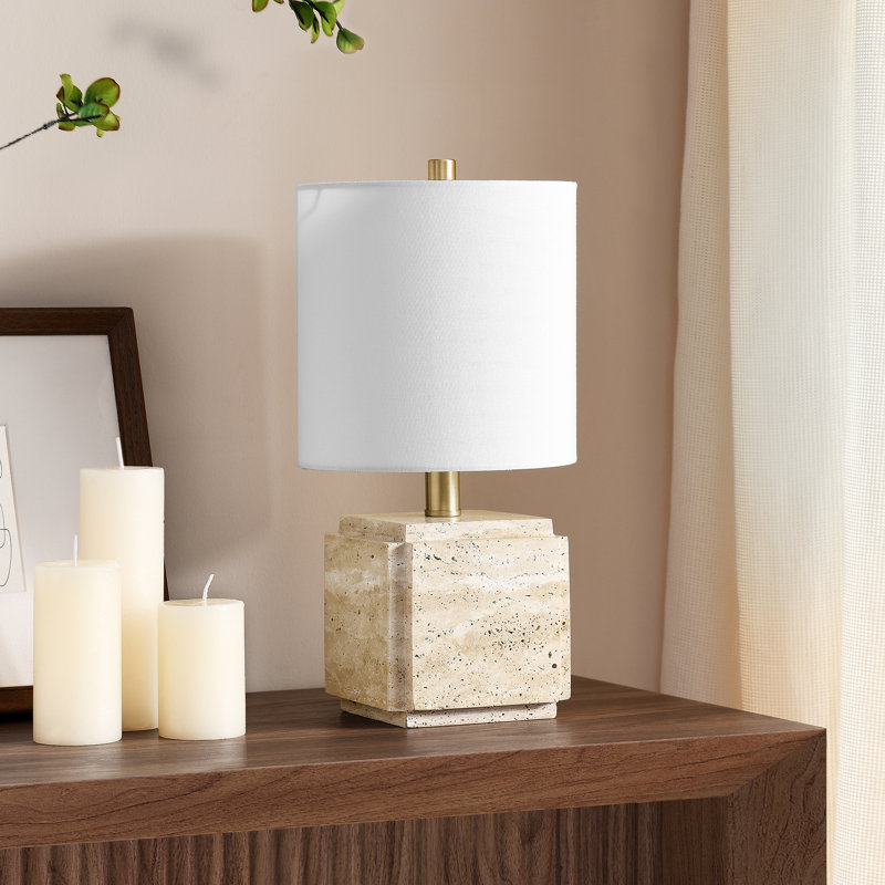 Kovac 16" Tall Stone Table Lamp with Fabric Shade Veined Travertine, Beige