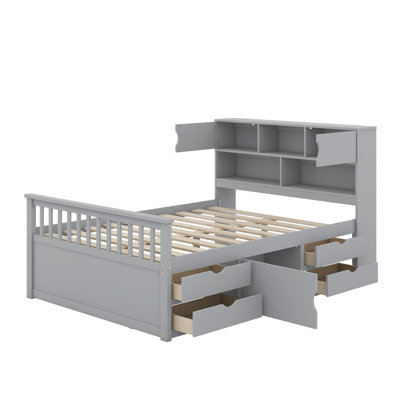 Full Size Captain Platform Bed Frame With Storage Bookcases And Drawers