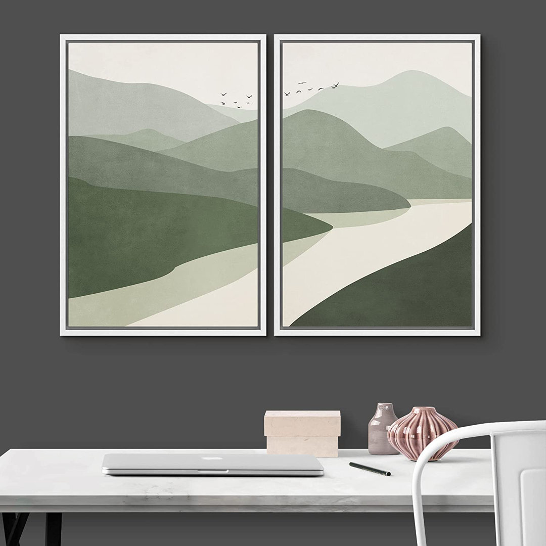 Sun Mountain Landscape " Green Pastel Watercolor Mountain Valley And River Nature " 2 - Pieces IDEA4WALL Frame 