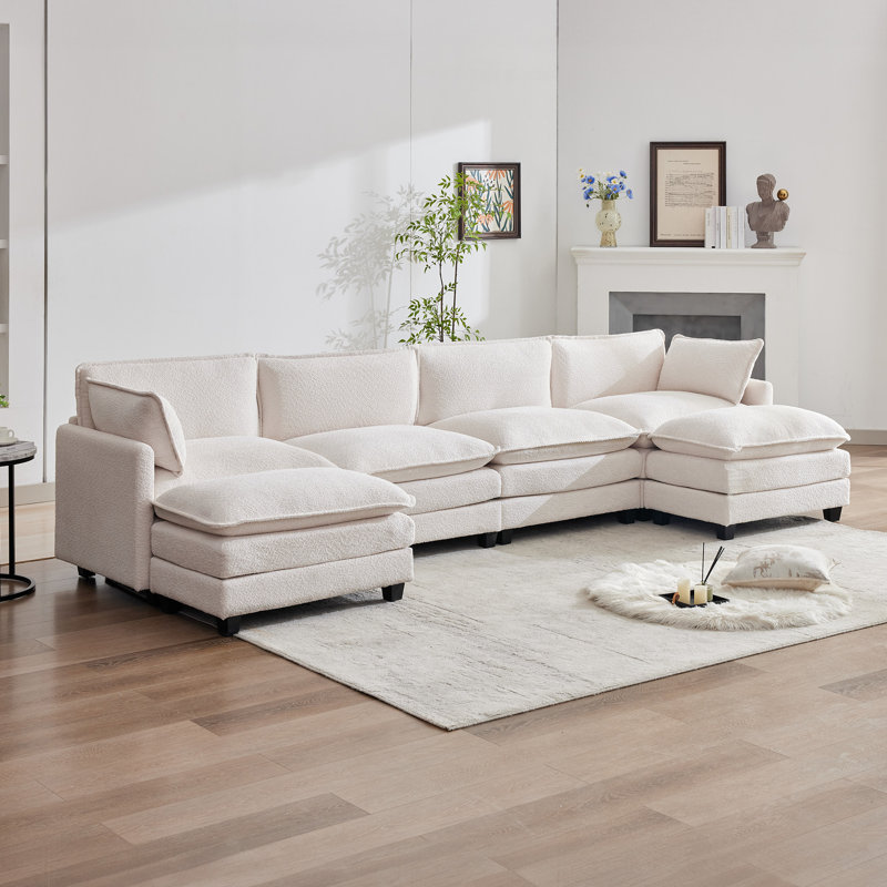 U-shape Boucle Upholstered Sectional Sofa With Armrest, Beige Boucle
