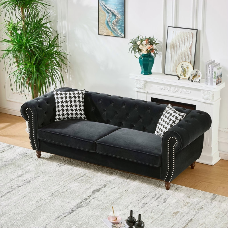 Canapé en velours Chesterfield, H 29 po x l 87 po x P 33 po, Noir