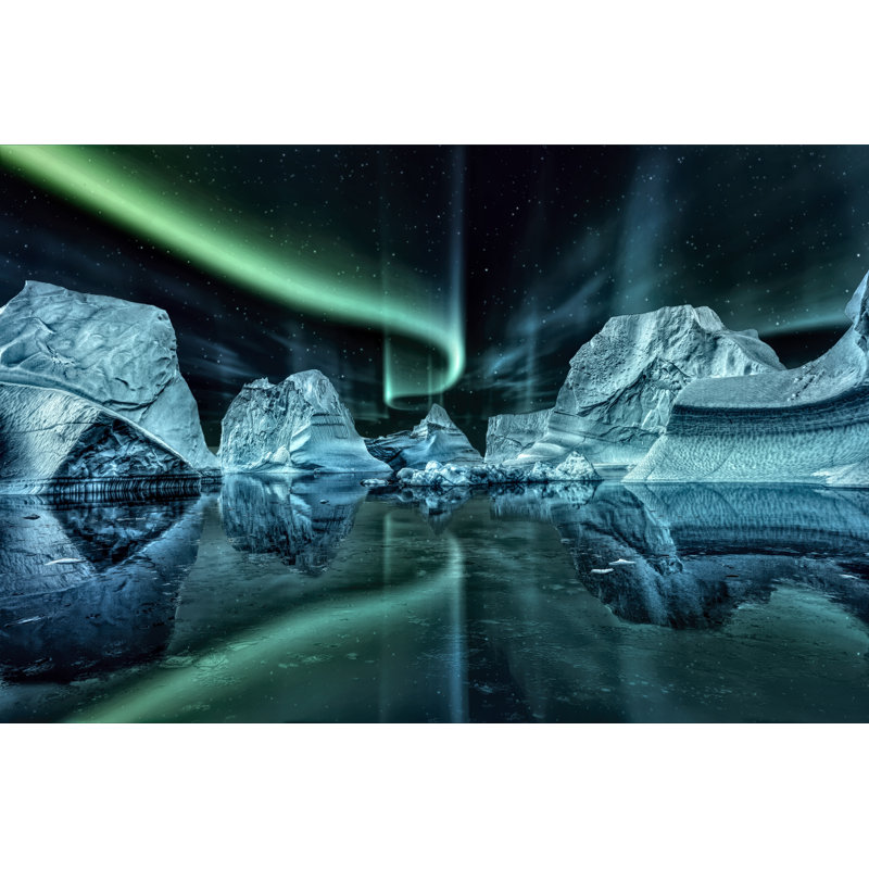 Iceberg Floating In Greenland Fjord At Night With Green Northern Lights by Posteriori - No Frame Print on Canvas