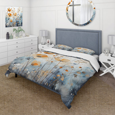 Ensemble de housse de couette Abstract Blue Botanicals II - Orange