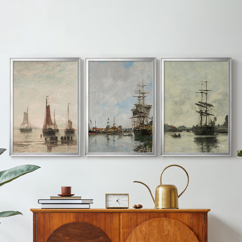Reproduction nautique rétro XLI - Toile tendue avec châssis sur mesure - 3 pièces, H 21 po x l 30 po, Argent argent