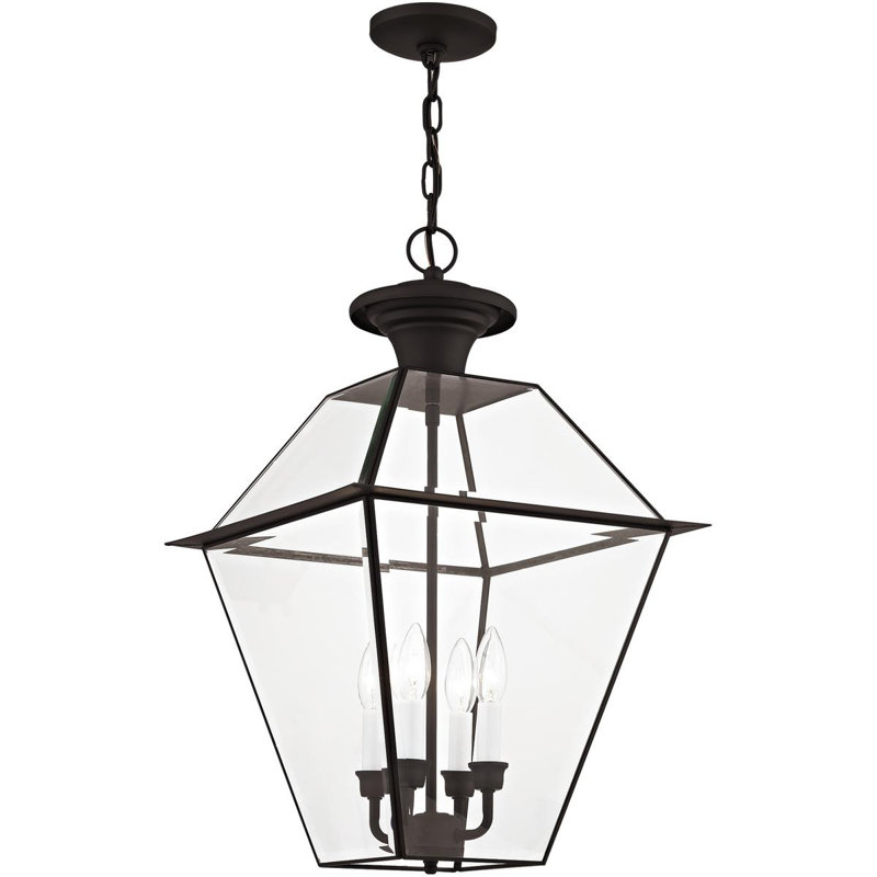 15in 4 Light Outdoor Chain Lantern Pendant Lighting + Clear Beveled Glass Shade [ Title], Bronze